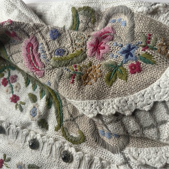 Vtg Hand Knit Embroidered Cardigan Sweater Women’s Large Twee Chunky Floral - Picture 8 of 16